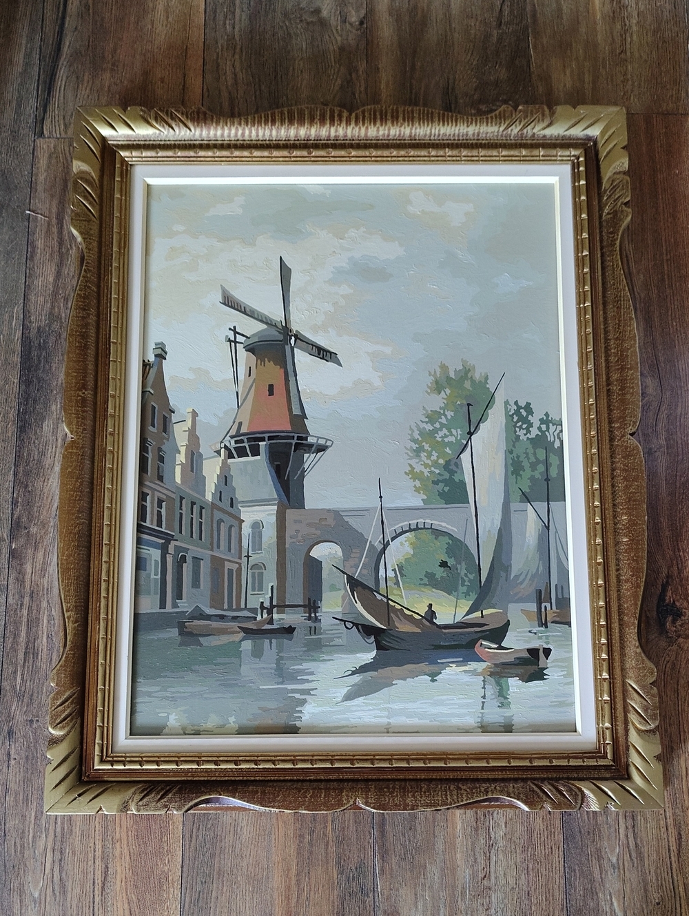 VTG Paint By Numbers Dutch Mill Scene 1960s Stretched Canvas Ornate Carved Frame